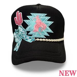NEW TRUCKER HAT - EMBELLISHED WITH PATCHES, TURQUOISE  * PEARLS  - 🧢✨